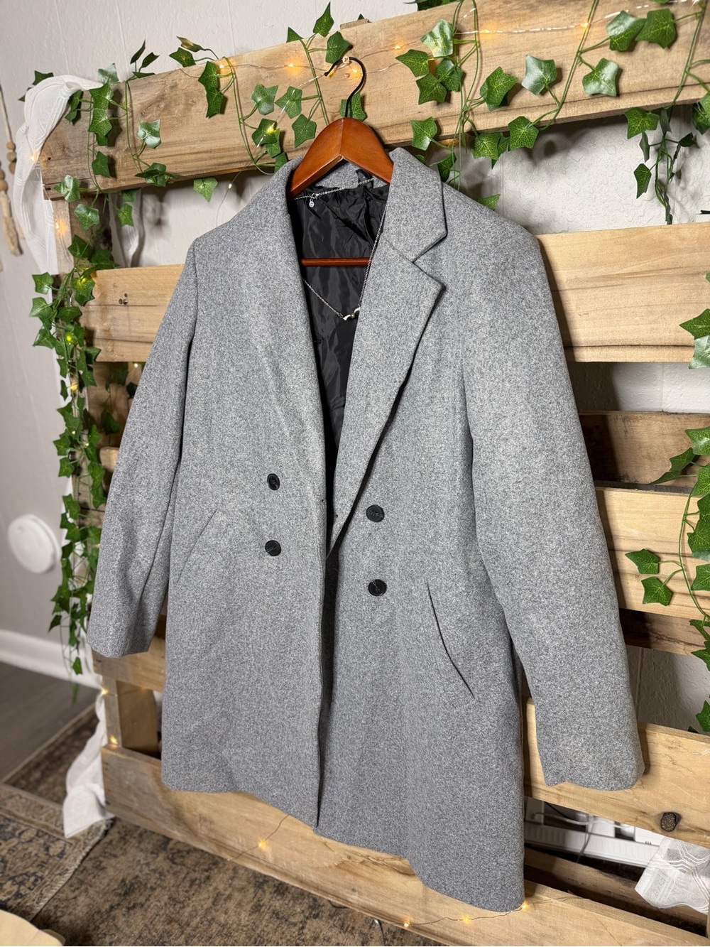 SHEIN women's Double-Breasted Pea Coat in Light Gray
